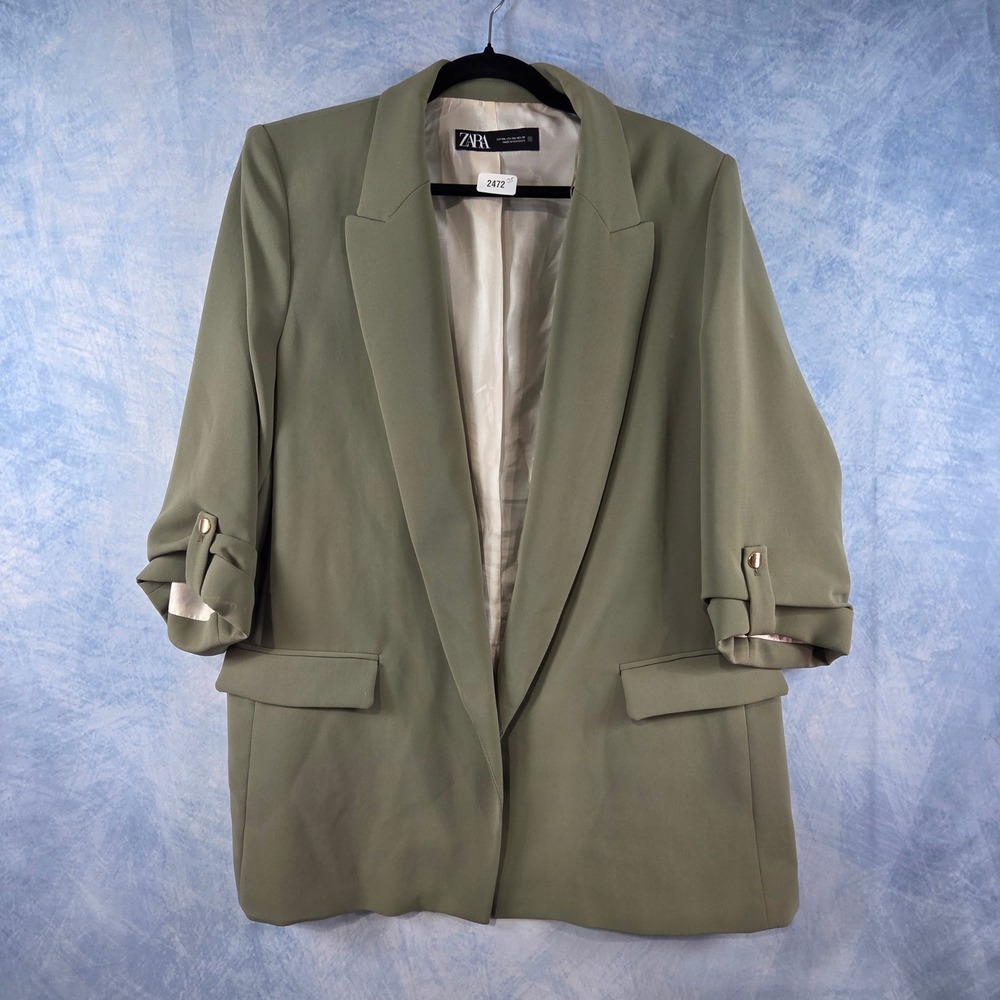 Zara Womens Olive‎ Green Open Front Ruched 3/4 Sleeve Blazer Jacket Size XXL